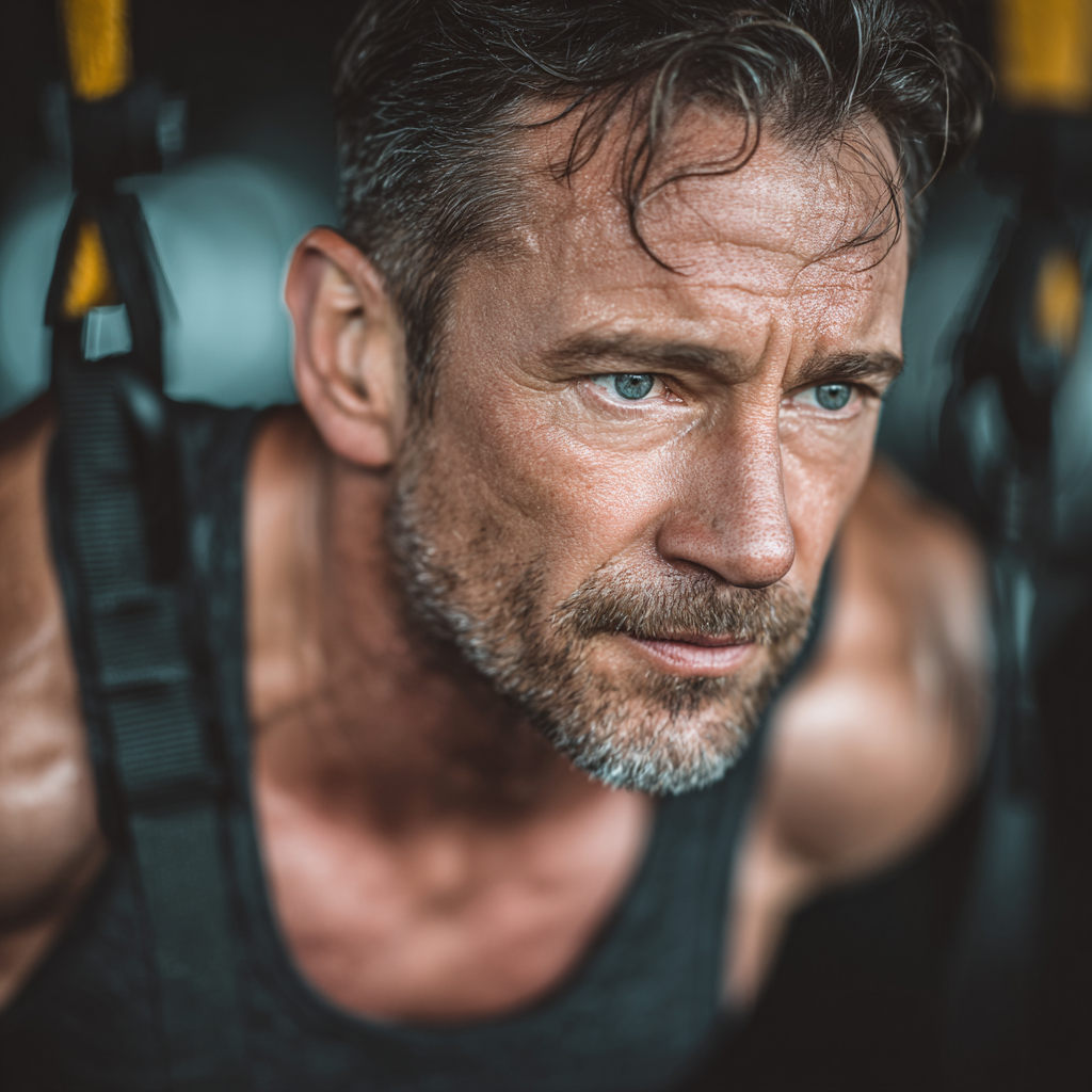 Mature man in his forties performing functional training exercises with focus and determination