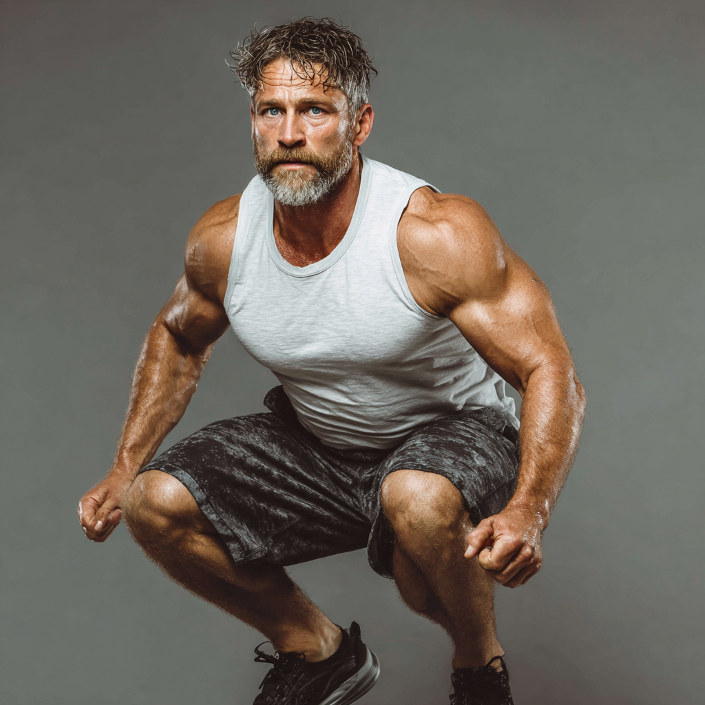 Professional man in his late forties demonstrating excellent physical conditioning and body control during workout